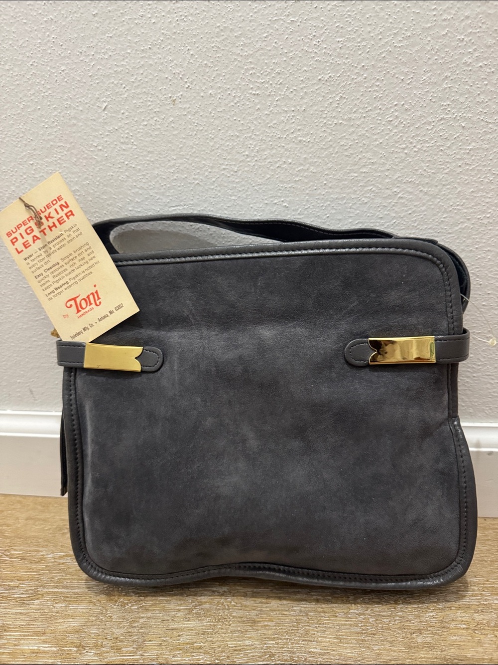 Vintage Hush Puppies Grey Suede Shoulder Bag with Gold Accents